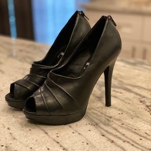 Black Leather Platform Peep Toe Heel
